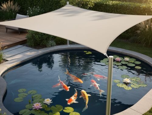 Backyard koi pond with water lilies shaded by a custom tensile fabric awning on posts, photographed from slightly above in late-afternoon light, with landscaped garden and wooden deck in the background.