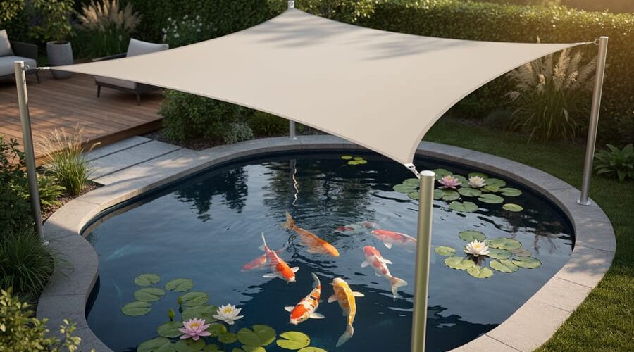 Backyard koi pond with water lilies shaded by a custom tensile fabric awning on posts, photographed from slightly above in late-afternoon light, with landscaped garden and wooden deck in the background.