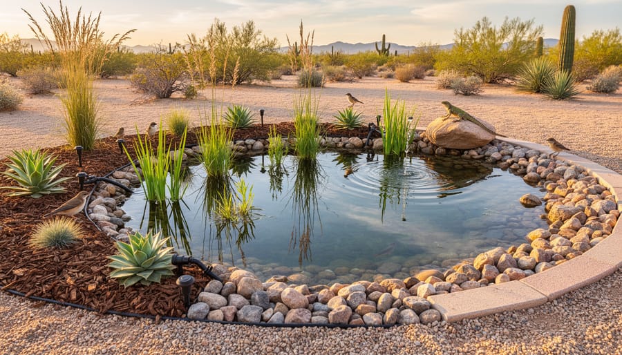 Desert pond with xeriscaped surroundings featuring drought-tolerant plants and rock features