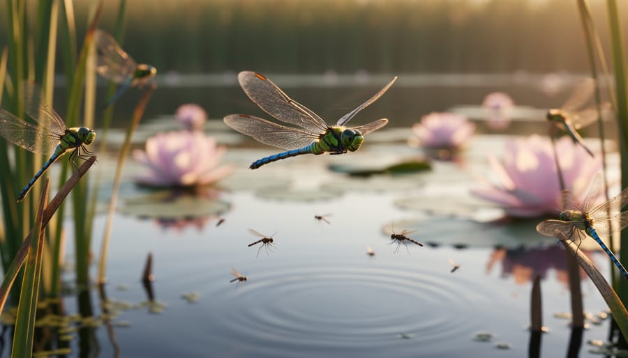 Dragonfly on native plant stem hunting near pond water surface