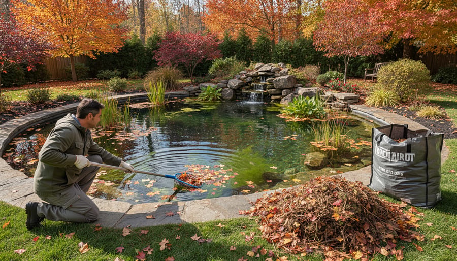 Person removing fallen autumn leaves from backyard pond with net