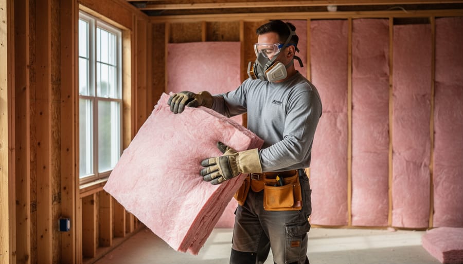 Hands in protective work gloves safely handling fiberglass insulation