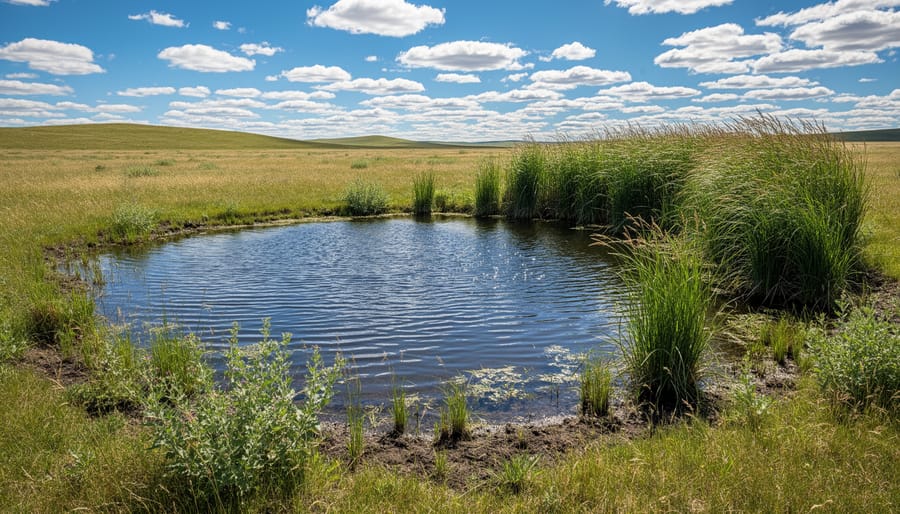 Pond surrounded by native prairie grasses and wildflowers in open grassland setting
