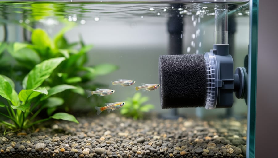Close-up of pond filtration system with water flowing through filter media