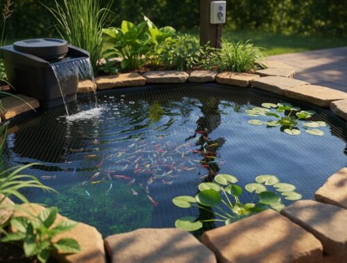Backyard guppy pond of roughly 100 gallons with stone edging, colorful guppies under fine mesh netting, a small waterfall and biofilter providing gentle aeration, shallow planted margins and floating plants, in warm late-afternoon light with dappled shade; patio and power outlet softly visible behind.