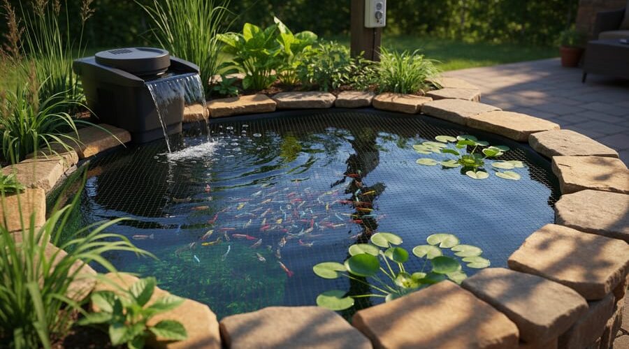 Backyard guppy pond of roughly 100 gallons with stone edging, colorful guppies under fine mesh netting, a small waterfall and biofilter providing gentle aeration, shallow planted margins and floating plants, in warm late-afternoon light with dappled shade; patio and power outlet softly visible behind.