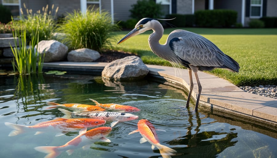 Great blue heron standing at pond edge hunting koi fish in backyard water garden