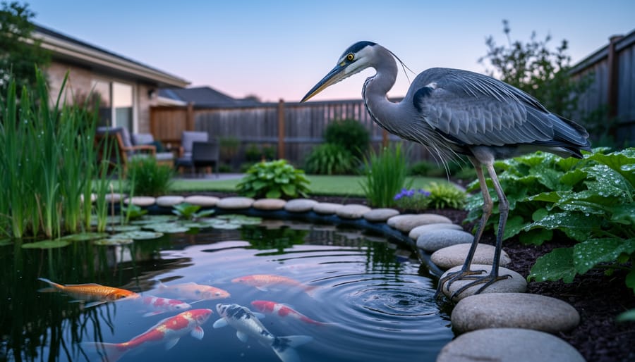 Great blue heron standing at edge of garden pond hunting for koi fish