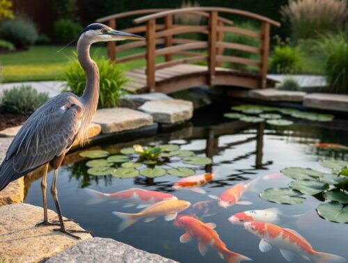 Great blue heron standing at the edge of a backyard koi pond at sunset with orange koi visible beneath clear water and lily pads, surrounded by rocks and native garden plants.