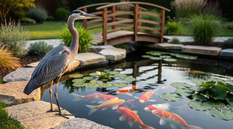 Great blue heron standing at the edge of a backyard koi pond at sunset with orange koi visible beneath clear water and lily pads, surrounded by rocks and native garden plants.