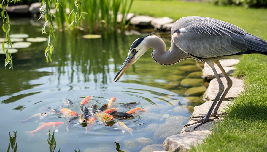 Blue heron hunting for koi fish at the edge of a backyard pond