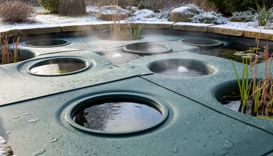 Partial insulated cover on outdoor pond showing both covered and open water sections