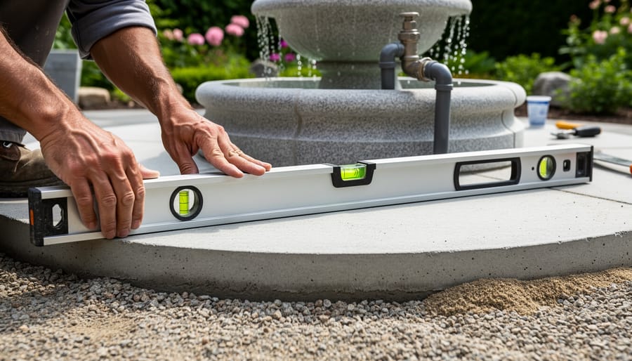 Hands checking level on concrete fountain base using carpenter's level tool