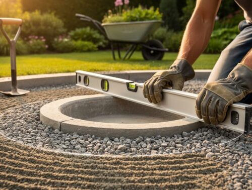 Close-up at knee height of gloved hands using a long spirit level across a compacted crushed-gravel pad that extends beyond the footprint of a circular fountain basin, with a hand tamper and wheelbarrow blurred in a garden background under warm late-afternoon light.