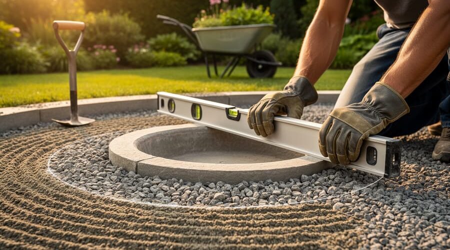 Close-up at knee height of gloved hands using a long spirit level across a compacted crushed-gravel pad that extends beyond the footprint of a circular fountain basin, with a hand tamper and wheelbarrow blurred in a garden background under warm late-afternoon light.