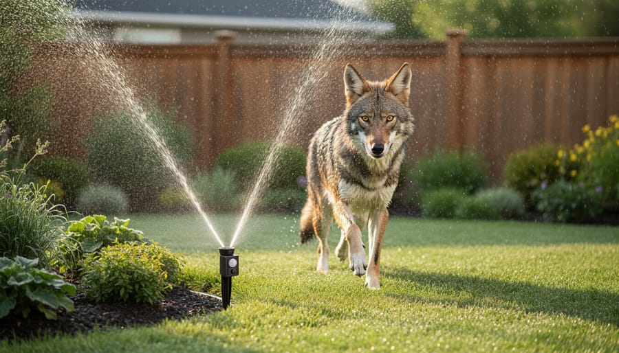 Motion-activated sprinkler device spraying water near garden pond for predator deterrence