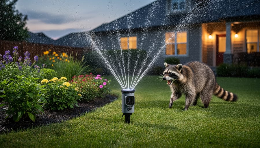 Motion-activated sprinkler system protecting pond from wildlife predators