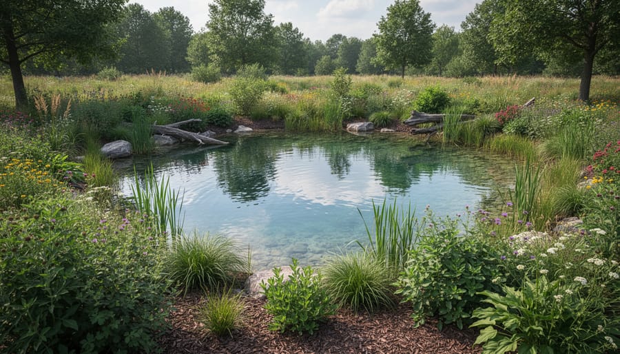 Beautifully landscaped pond with diverse native flowering plants and clear reflective water