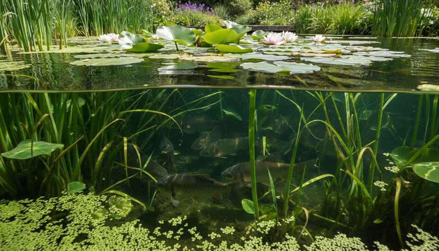 Koi fish sheltering beneath water lily pads and aquatic plants in pond