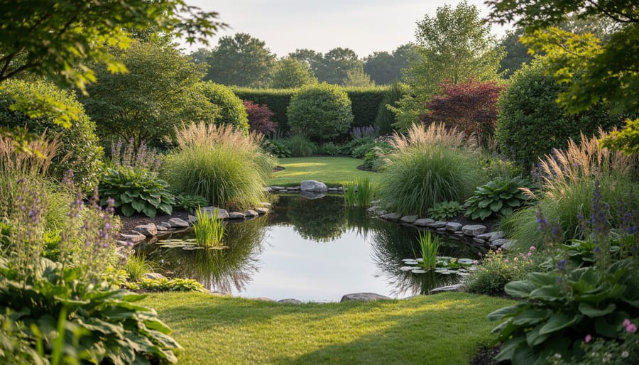 Garden pond framed by ornamental grasses and flowering plants on both sides