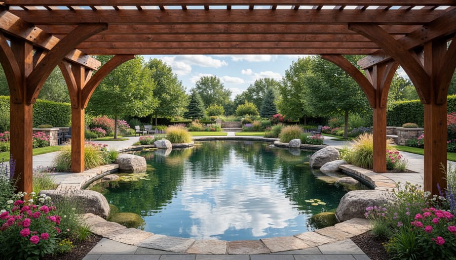 Wooden pergola archway framing distant view of garden pond
