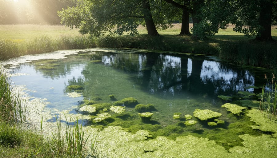 Comparison of clear shaded pond water versus algae-affected sunny pond water