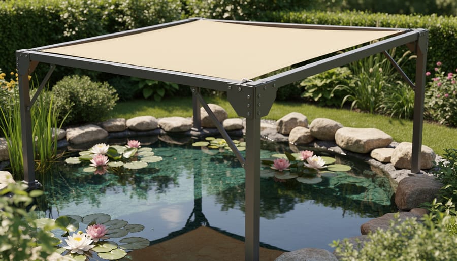 Detailed view of custom pond awning frame construction and fabric installation