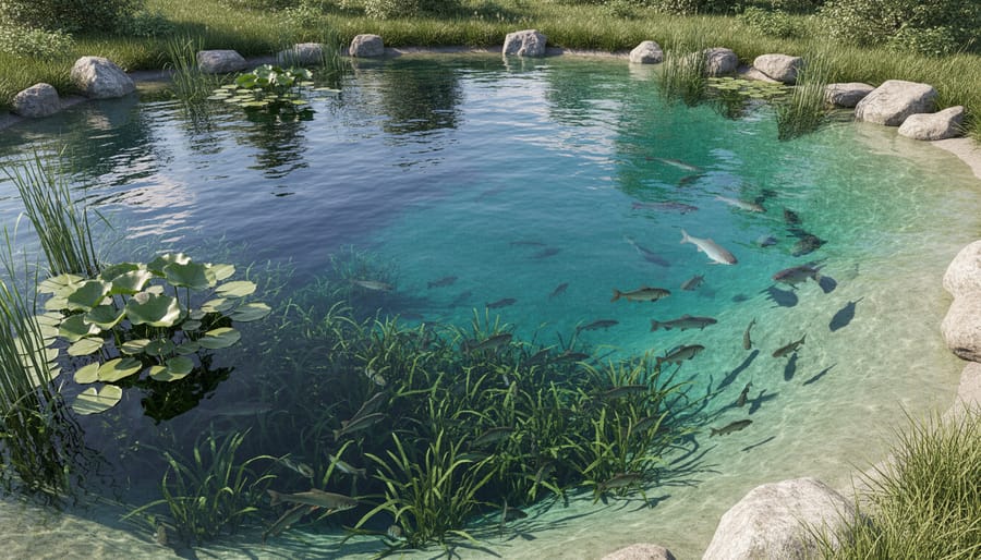 Overhead view of pond showing deep center area and shallow planted edges for fish protection