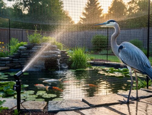 Great blue heron at the edge of a backyard koi pond protected by raised netting, with a motion-activated sprinkler nearby; koi visible beneath aquatic plants and rock caves in soft golden morning light, garden and fence blurred behind.