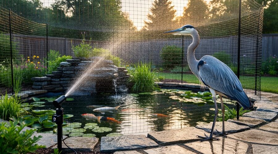 Great blue heron at the edge of a backyard koi pond protected by raised netting, with a motion-activated sprinkler nearby; koi visible beneath aquatic plants and rock caves in soft golden morning light, garden and fence blurred behind.