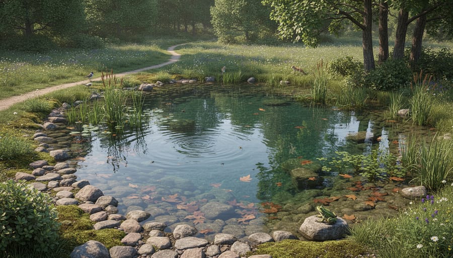 Backyard pond surrounded by native forest vegetation showing natural transition from aquatic to terrestrial habitat