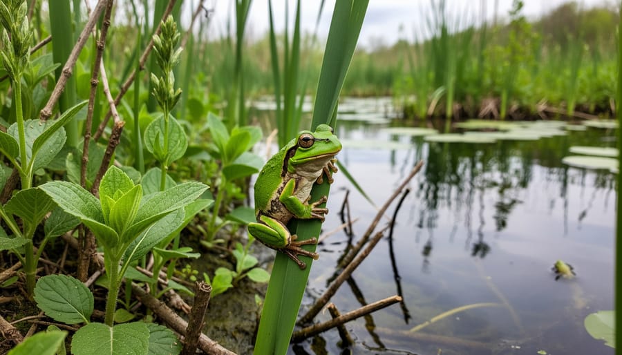 Green tree frog on native iris plant with frog eggs visible in pond water below