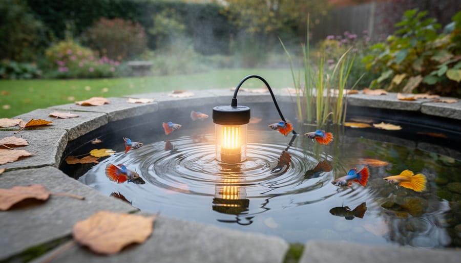 Submersible pond heater installed on pond bottom among rocks