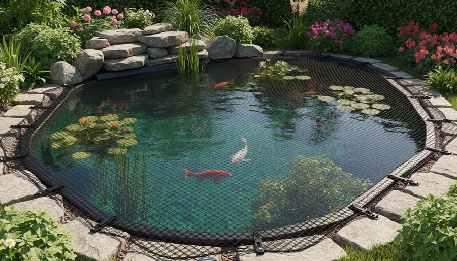 Protective netting installed over koi pond to prevent predator access