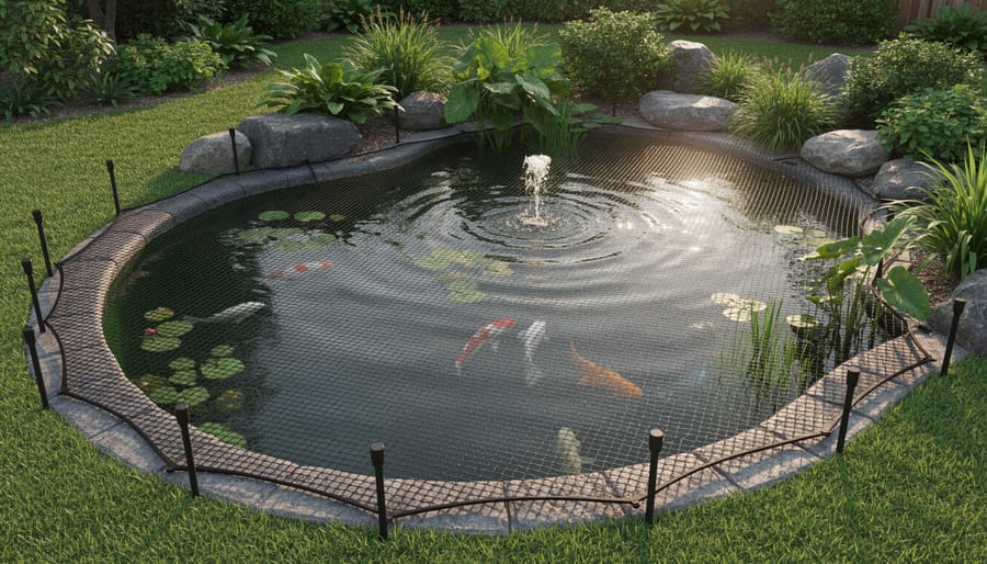 Black protective netting secured over backyard koi pond with support frame