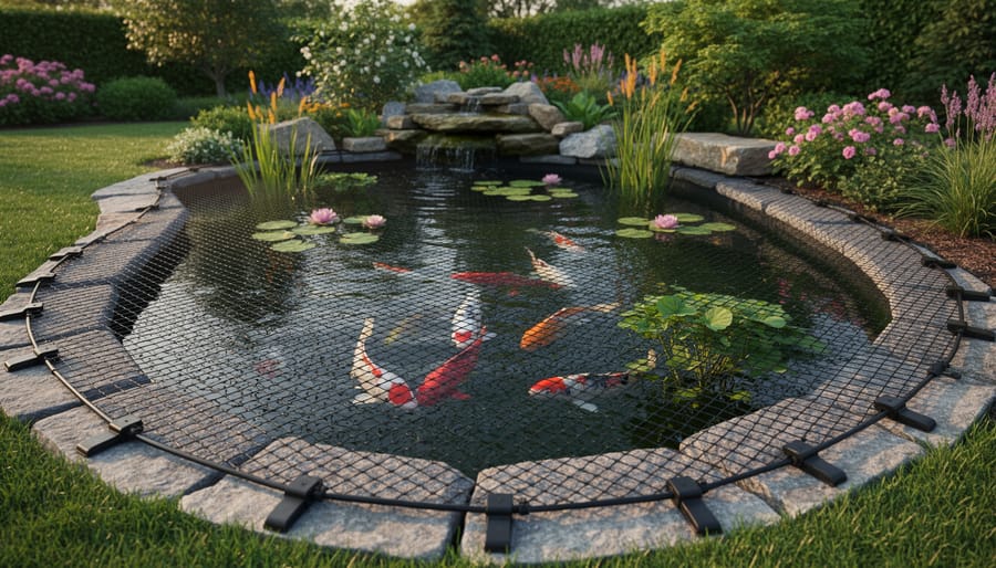 Backyard koi pond protected with black netting stretched over water surface