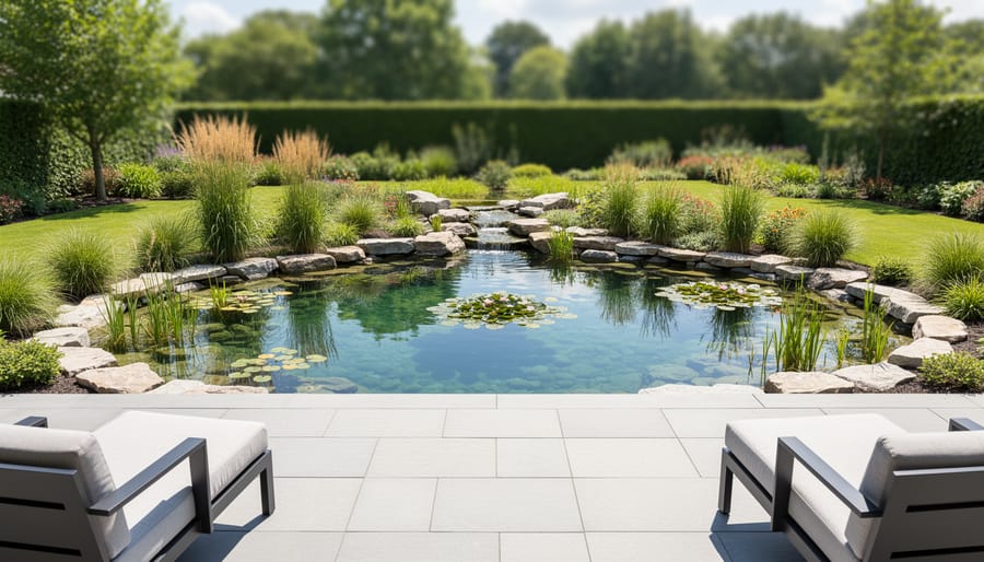 Backyard pond viewed from patio seating area showing layered landscape design