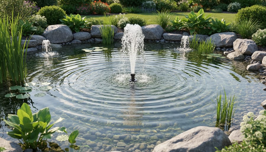 Pond fountain creating water circulation and movement to prevent algae growth