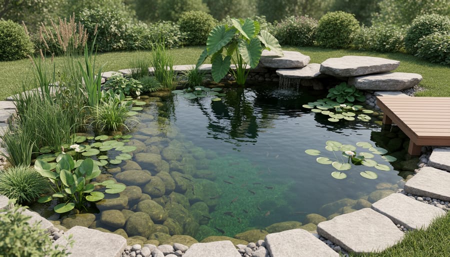 Well-designed pond with deep zones, floating plants, and stone overhangs for fish protection