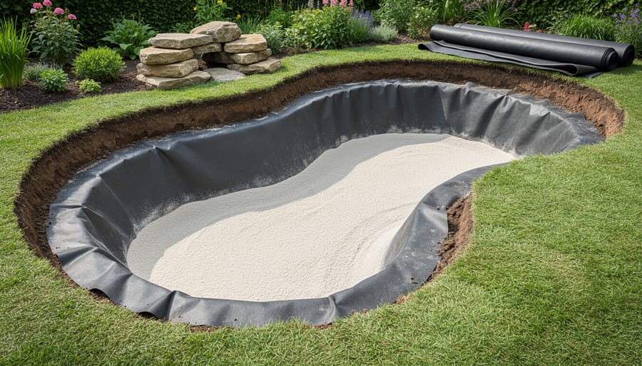 Excavated pond base showing sand layer and protective underlayment fabric preparation