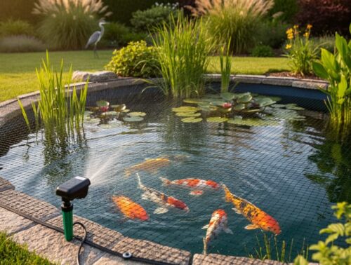 Backyard pond covered with taut netting, colorful koi visible under the water, motion-activated sprinkler at the edge, dense aquatic plants and rock border in warm morning light, with a faint blurred heron in the background.