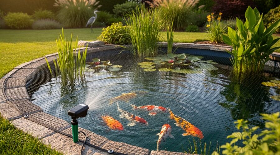 Backyard pond covered with taut netting, colorful koi visible under the water, motion-activated sprinkler at the edge, dense aquatic plants and rock border in warm morning light, with a faint blurred heron in the background.