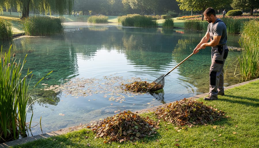 Hands using net to remove decaying leaves and debris from pond surface