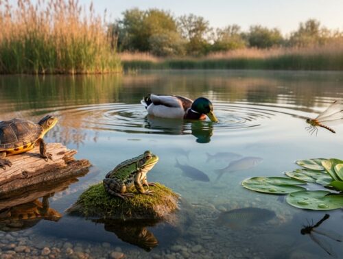 Eye-level photo of a pond shoreline at golden hour showing a turtle on a log, a frog on a mossy rock, a dragonfly above lily pads, a mallard dabbling, and faint silhouettes of fish under clear water, with cattails and shrubs softly receding in the background.
