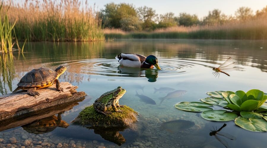Eye-level photo of a pond shoreline at golden hour showing a turtle on a log, a frog on a mossy rock, a dragonfly above lily pads, a mallard dabbling, and faint silhouettes of fish under clear water, with cattails and shrubs softly receding in the background.