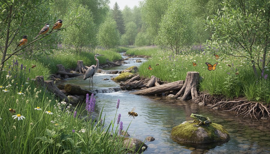 Natural pond edge habitat with native vegetation, rocks, and clear water