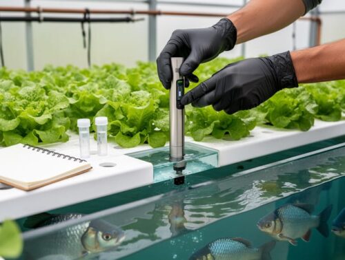 Gloved hands testing water with a stainless probe and unbranded test vials beside thriving lettuce in a backyard aquaponic system, with tilapia visible in the tank and a greenhouse softly blurred behind.