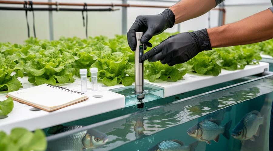 Gloved hands testing water with a stainless probe and unbranded test vials beside thriving lettuce in a backyard aquaponic system, with tilapia visible in the tank and a greenhouse softly blurred behind.
