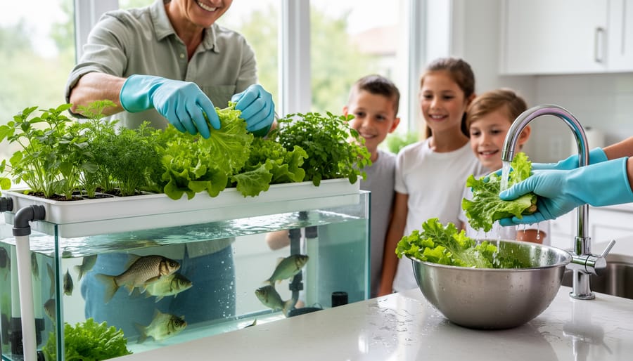 Fresh lettuce and tomatoes being washed under running water in kitchen colander