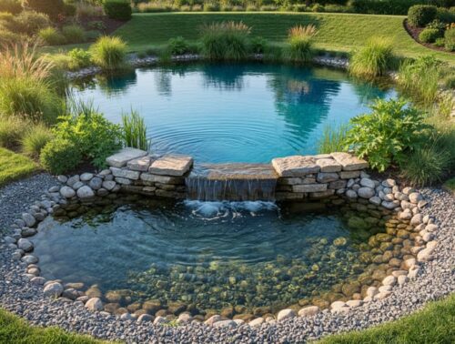 Small sediment forebay with settled silt and a stone weir feeding a crystal-clear backyard pond with koi and aquatic plants, framed by native grasses in warm evening light.